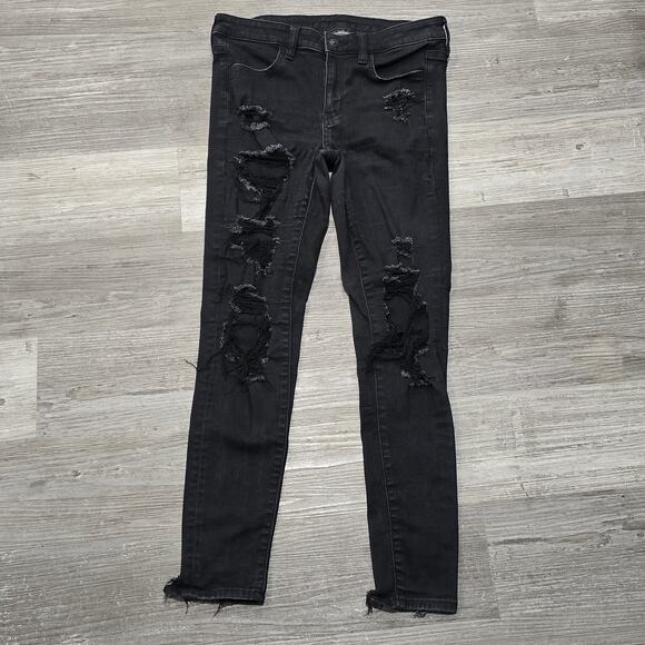 American Eagle Next Level Jeggings Distressed Black Denim Jeans - Picture 1 of 6